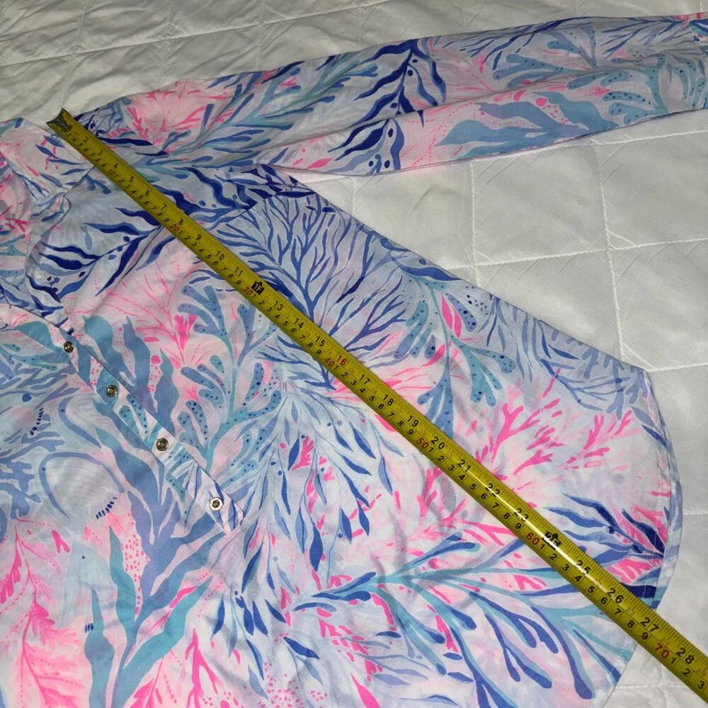 Lilly Pulitzer‎ Women’s S Cotton Tunic Top Button Front Pink Blue Tropical Print - Picture 10 of 11